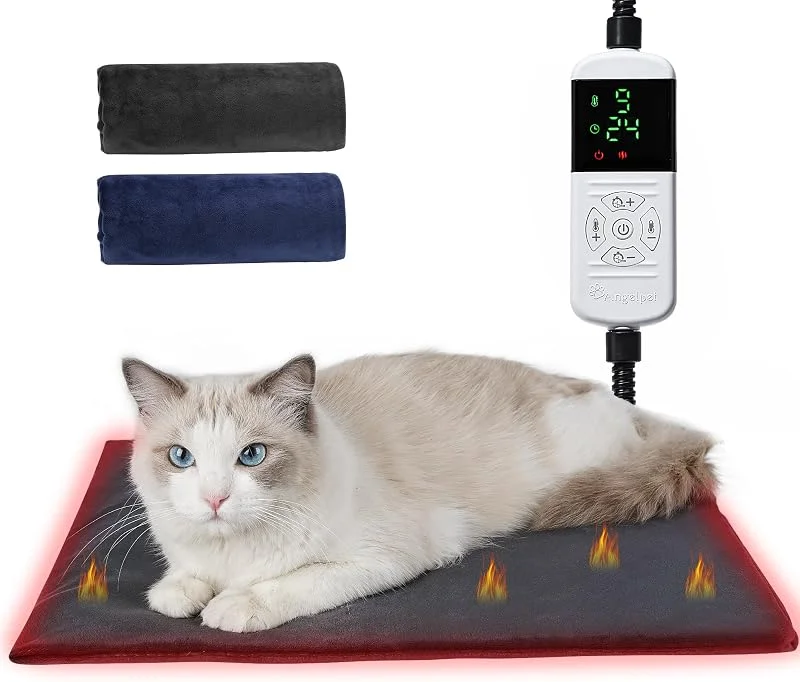 Angelpet Tappetino Riscaldante per Cani e Gatti M 45×45cm – Cuscinetto Elettrico per Animali Domestici, 9 Livelli di Temperatura (35-55℃), 14 Timer (0-12, 24H), Cavo Anti-Morso 1, 8m, 2 Fodere Lavabili — Riscaldamento