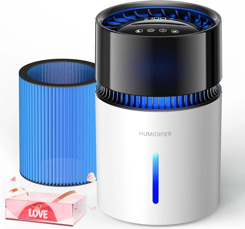 Umidificatore evaporativo senza nebbia da 3 litri per camera da letto, umidificatore con riempimento superiore, funziona con acqua di rubinetto, controllo touch, alimentazione USB, modalità sonno
