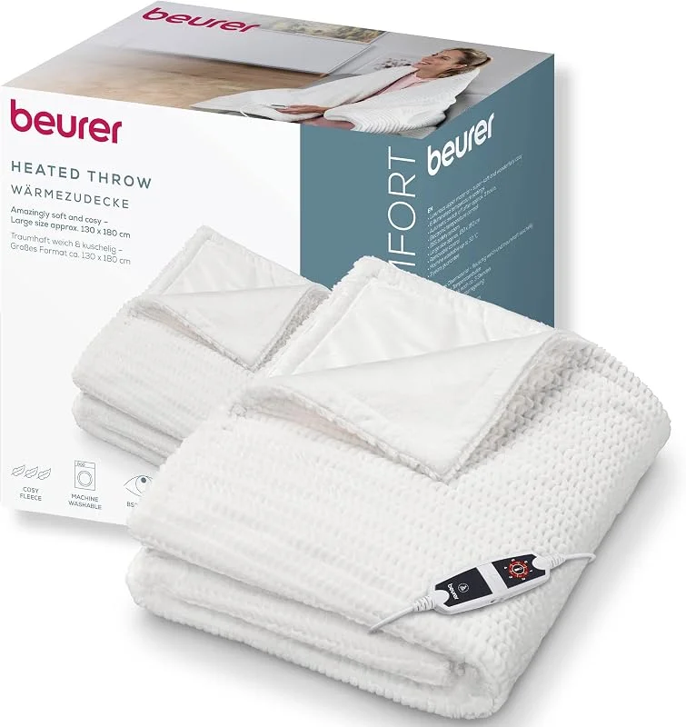 Beurer HD 82 Helsinki, termocoperta ultra soffice in materiale di pregio con 6 livelli di temperatura, con spegnimento automatico e sistema di sicurezza, lavabile in lavatrice a 30 °C, colore bianco — Riscaldamento