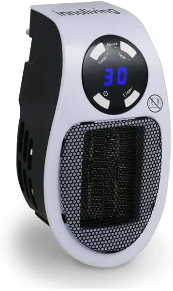 Innoliving INN-583 Mini Termoventilatore da Presa 500W, Stufa Elettrica Plug-In con Ceramica PTC, Termostato 15-32°C, Timer 12 Ore, 2 Velocità, Display LED — Riscaldamento