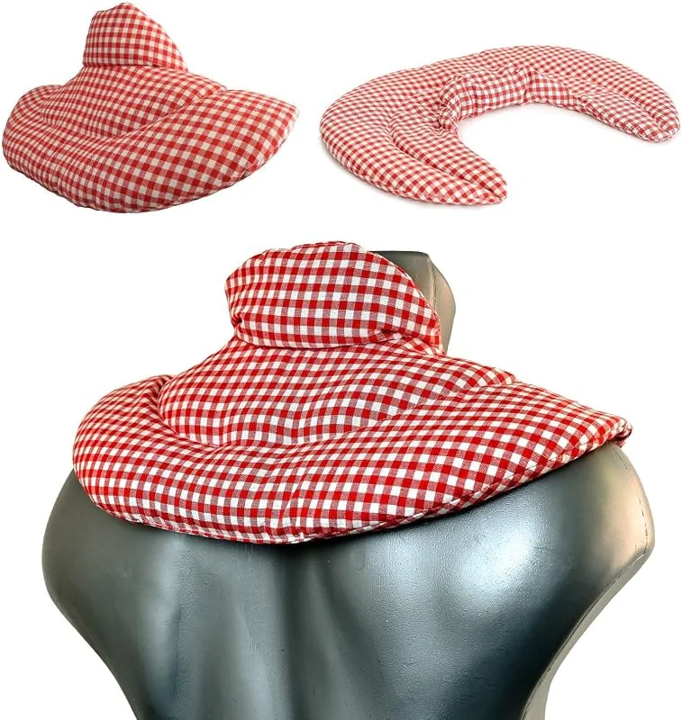 Cuscino del collo, rosso-bianco. Cuscino termico con noccioli di ciliegia, terapia caldo e freddo. Scaldacollo — Riscaldamento