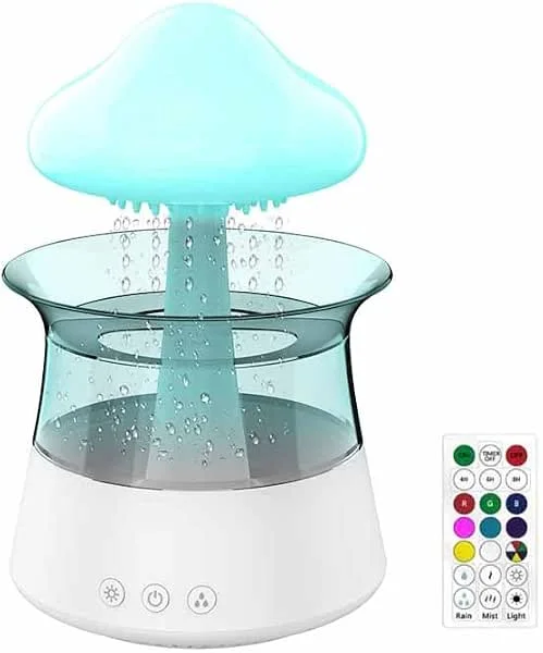 Umidificatore a nuvola di pioggia per camere da letto e grandi spazi, diffusore ad olio a forma di fungo con luci a LED in 7 colori, può essere utilizzato come luce notturna (con telecomando)