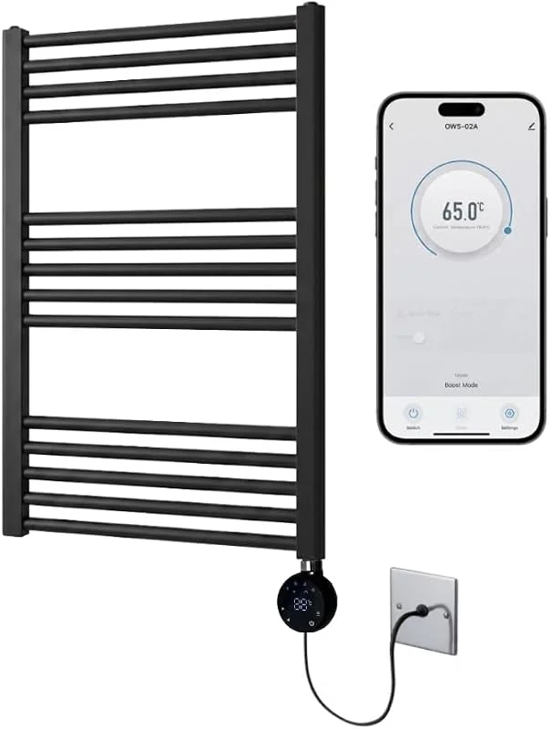 Termoarredo elettrico con WiFi e controllo intelligente, nero opaco, 400 mm L x 800 mm A, timer programmabile per 7 giorni, compatibile con app — Riscaldamento