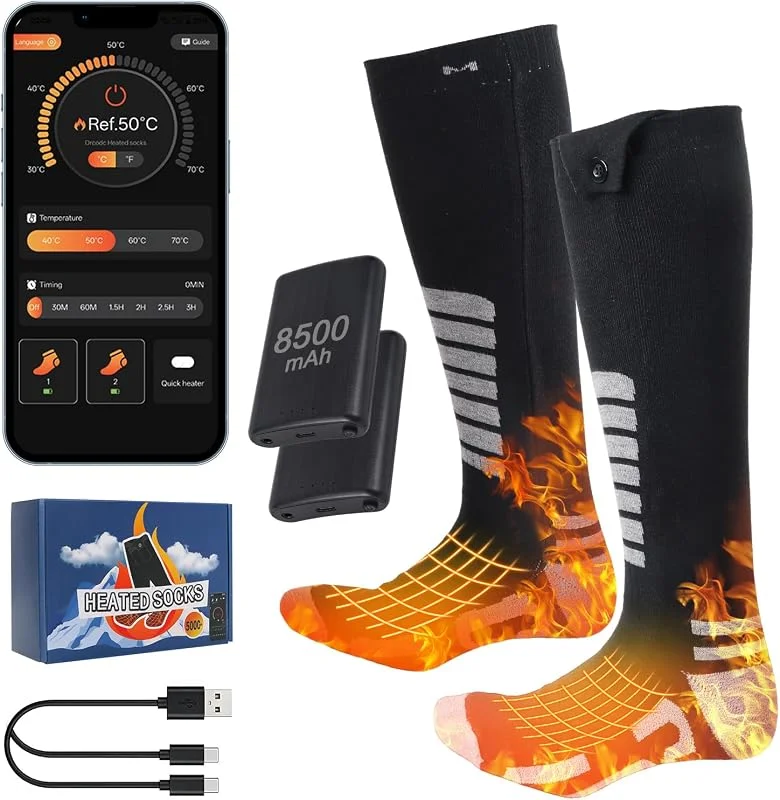 Qoosea Calze Riscaldanti per Uomo & Donna 8500mAh Ricaricabili Elettriche con Controllo APP & Pulsante 4 Impostazioni Temperatura Lavabile in Lavatrice per Sci Camping Escursionismo Pesca Inverno(S) — Abbigliamento riscaldato