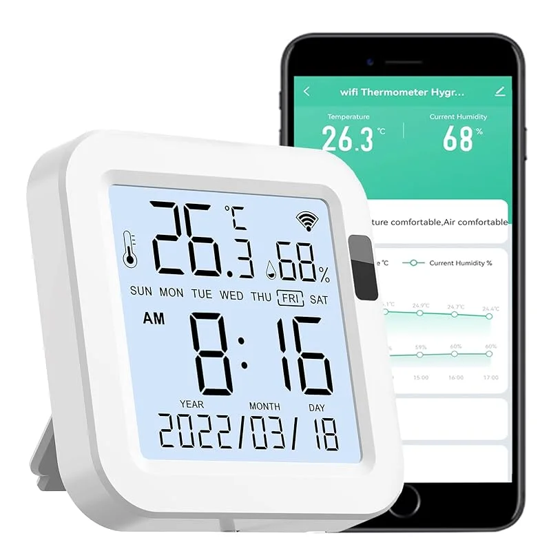 Monitoraggio della temperatura di umidità WiFi: sensore intelligente di temperatura e umidità con schermo LCD, con luce di induzione PIR e allarme APP, termometro interno igrometro funziona con Alexa — Umidificatore