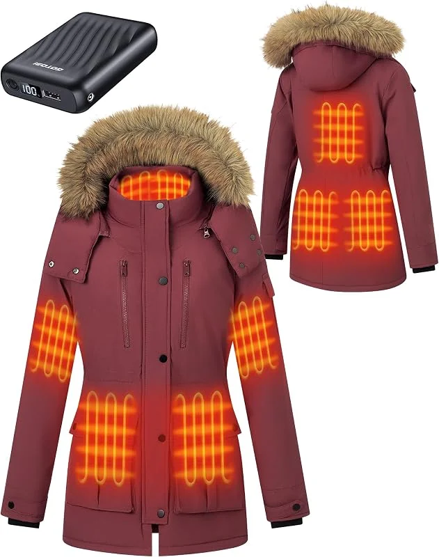 Giacca Riscaldata Donna Con Batteria 12v 18400mah, 8 zone di riscaldamento, Parka lungo da donna caldo e impermeabile con cappuccio in pelliccia sintetica rimovibile — Abbigliamento riscaldato