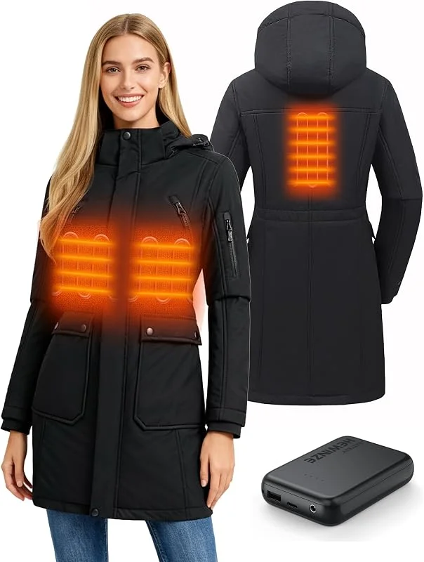 HEWINZE Giacca lunga softshell riscaldata da donna, caldo cappotto invernale con riscaldamento elettrico, cappuccio rimovibile e batteria da 7, 4 V. — Abbigliamento riscaldato