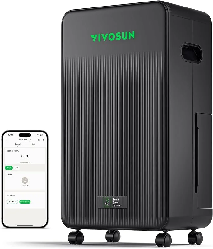 VIVOSUN AeroDrain D12 Deumidificatore Elettrico 12L, Giorno con Serbatoio 2L - Sensore di Temp & Umidità, Telecomando, Ideale per cantina, Bagno e Serra