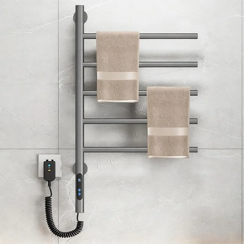 Scaldasalviette Elettrico Girevole a 180° - Scaldasalviette Elettrico da Parete con 5 Barre in Acciaio Inox e Display LCD per Bagno - Scaldasalviette Girevole Grigio — Riscaldamento