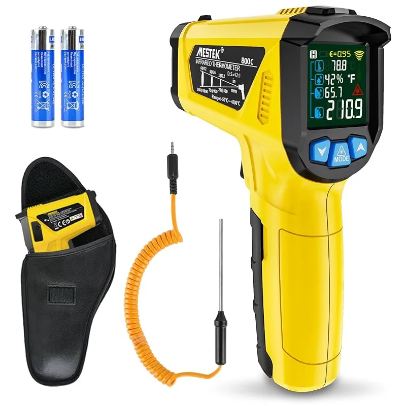 MESTEK Termometro a infrarossi Laser e Sonda Pistola IR Temperatura Senza contatto LCD -50°C~800°C Regolabile Allarme di emissione Punto Rugiada Cucina Barbecue Congelatore Alimenti industriali — Riscaldamento