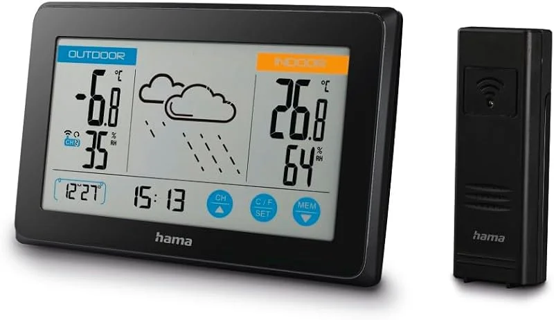 Hama - Stazione barometica Touch con sensore esterno. Orologio radiocontrollato, calendario, previsione meteo, temperatura, umidità interna, esterna, nero — Umidificatore