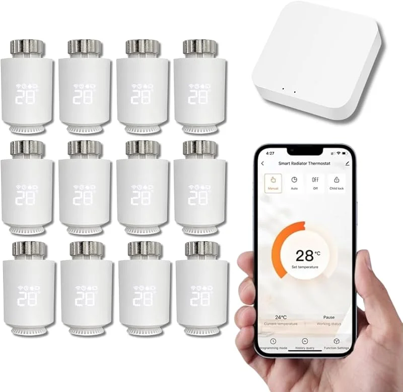 LUMARK - Testa Termostatica Intelligente Collegata - Controllo Temperatura tramite App Tuya, Programmazione, Rilevamento Finestre Aperte - Compatibile con Assistenti Vocali (6, con Gateway) — Riscaldamento