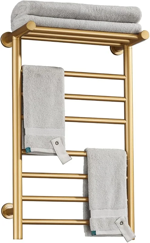 Generico Scaldasalviette Elettrico, Moderno scaldasalviette a Parete a 7 Barre con ripiano Superiore, scaldasalviette Elettrico in Acciaio Inox 304 per Bagno, 70 W, Oro, cablato — Riscaldamento