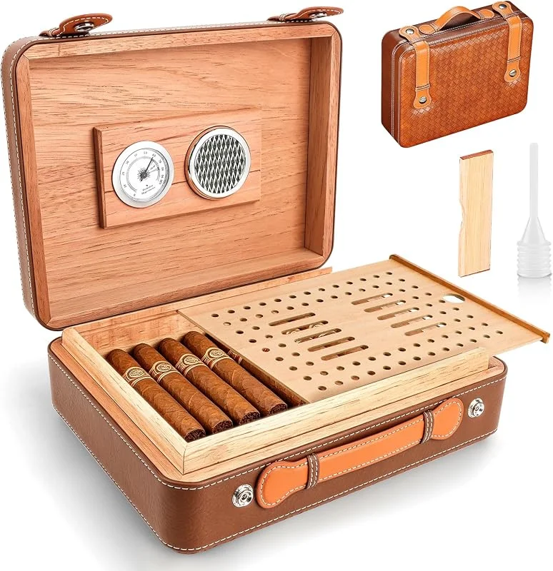 Kalolary Humidor per Sigari in Pelle, Umidificatore per Sigari con Interno in Legno di Cedro e Igrometro Digitale, Custodia Porta Sigari fino a 25 Sigari, Idea Regalo per Padre e Mari (Marrone)