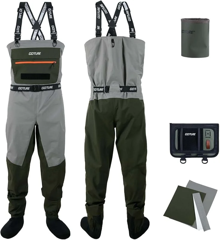 Goture Wathose uomo impermeabile, migliorato, tessuto traspirante, impermeabile per la pesca con tasca impermeabile, caccia, trampolieri con toppa in tessuto traspirante, accessori per cintura — Abbigliamento riscaldato