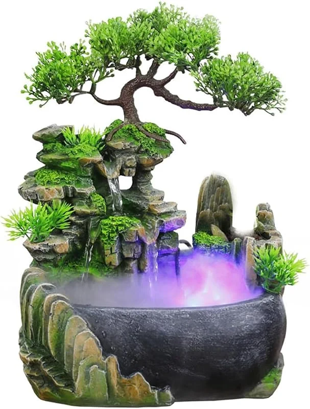 Fontana da Tavolo, Atomizzazione Desktop umidificatore con Rockery & Bonsai, Acqua, Cascata, Piante, Home Office Meditazione Zen Relax Indoor Decorazioni Desktop, Verde