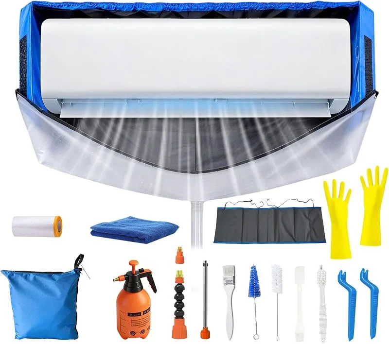 Kit Pulizia Condizionatore Split con Sacchetto Regolabile con e Pannelli Laterali, Kit Pulizia Climatizzatore Casa (M, Blu-Bianco Trasparente) — Umidificatore