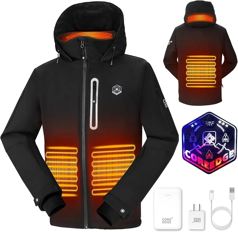 COREEDGE Giacca riscaldata da uomo, ricaricabile, elettrica, con batteria, scaldacorpo per campeggio, escursionismo, caccia, Nero, XXL — Abbigliamento riscaldato