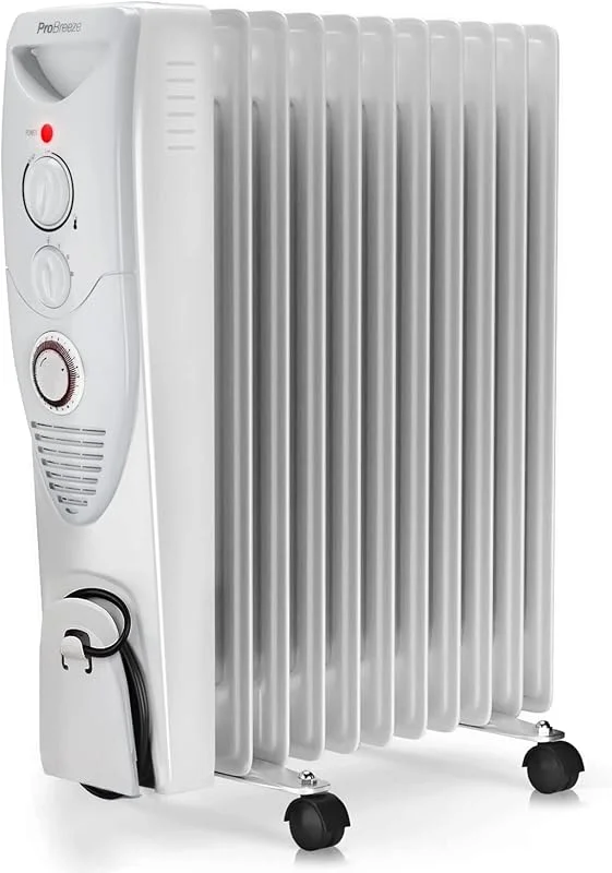 Pro Breeze Radiatore ad Olio 2500W, 11 Elementi - Riscaldatore Elettrico Portatile - Timer Incorporato, 3 Livelli di Calore, Termostato e Spegnimento Automatico di Sicurezza - Bianco — Riscaldamento