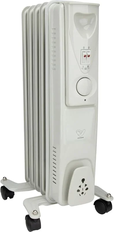 VOLTMAN, Radiatore a olio mobile da 1000 W, Termostato regolabile, Da 3 a 5 livelli di riscaldamento, Ruote integrate, Silenzioso, Ideale per soggiorni, Bianco
