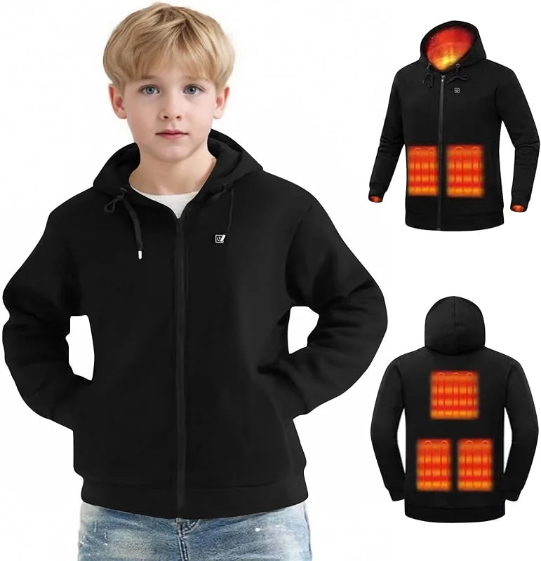 Felpa con cappuccio riscaldata per bambini e bambine, 5 zone, con cerniera, 3 livelli, riscaldante, abbigliamento riscaldato per sci senza batteria, 4-14 anni