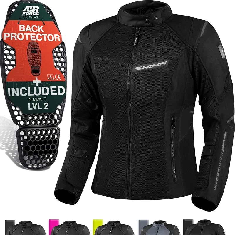 SHIMA RUSH Giacca Moto Donna con Protezioni Estiva, AIRFORCE Paraschiena, Giacchetta da Moto Impermeabile 4 Stagioni Tuta Pantaloni Touring (Nero, Donna, Giubbotto, Taglia 3XL) — Abbigliamento riscaldato