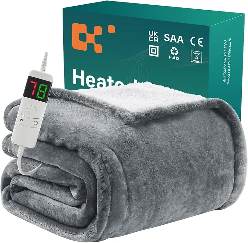 BOMOVA Coperta riscaldata spegnimento automatico, soffice coperta, 10 impostazioni di calore e timer da 5 ore per la casa, regalo per donna, decorazione natalizia per letto, divano, 130x180 cm, grigio — Riscaldamento
