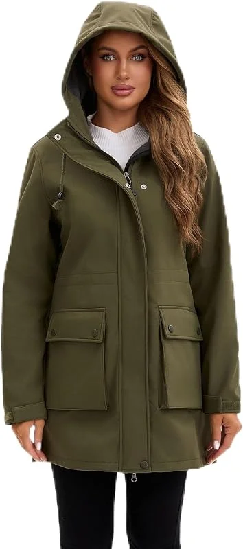 Giacca impermeabile da donna in softshell con cappuccio, per escursioni e tempo libero, ideale per primavera e autunno, versatile giacca a vento di media lunghezza per ogni avventura — Abbigliamento riscaldato