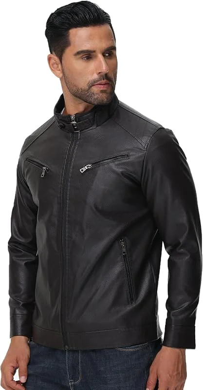 DON JOHNSON Giacca in Pelle Sintetica da Uomo Giubbotto in Similpelle Stile Biker in Finta pelle Casual Vintage — Abbigliamento riscaldato