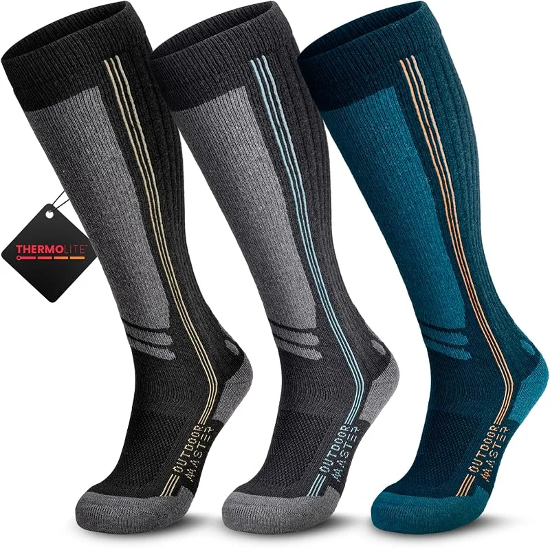 OutdoorMaster Calze da sci in lana Merino Thermolite, Calze da snowboard termiche a compressione per uomo e donna, Freddo — Abbigliamento riscaldato