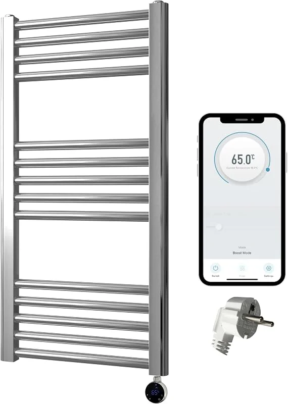 Scaldasalviette elettrico WiFi Smart Flat Timer programmabile 7 giorni Compatibilità app (UE) (cromo, 400 mm L x 800 mm A) — Riscaldamento