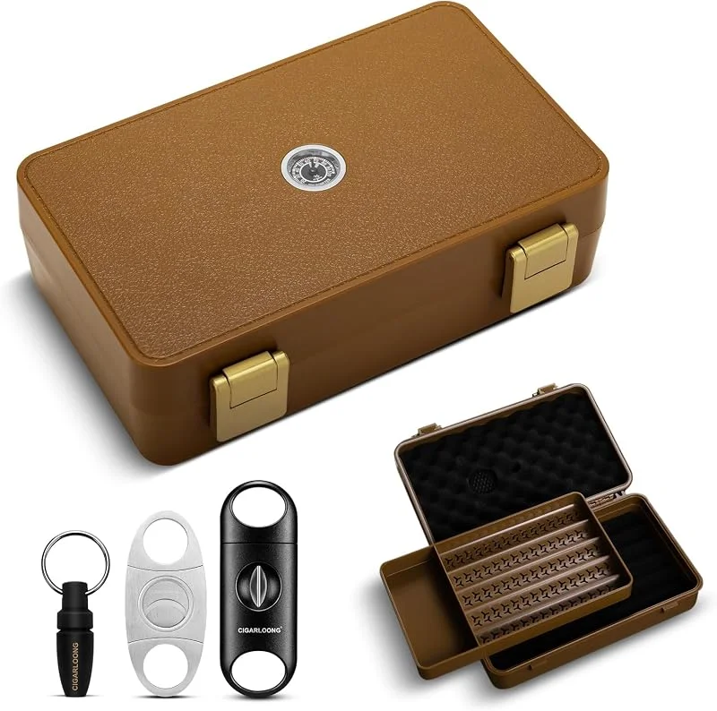 Humidor da viaggio, portatile, a doppio strato, con accessori, igrometro, umidificatore, taglierine e punzonatrice