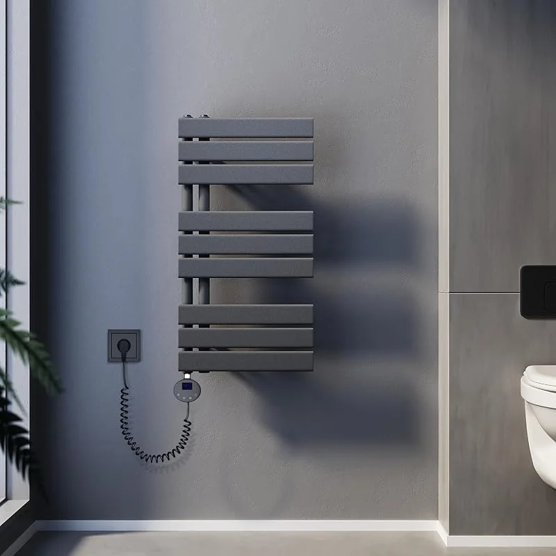 Scaldasalviette elettrico con termostato, 762 x 400 mm, 400 Watt, colore antracite, portasciugamani elettrico, piatto, con barra riscaldante — Riscaldamento