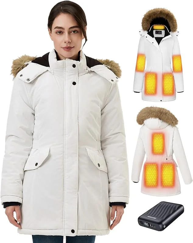 Giacca Riscaldata Donna Con Batteria 12v 18400mah, 8 zone di riscaldamento con 3 livelli di temperatura, Parka caldo e impermeabile con cappuccio in pelliccia sintetica rimovibile — Abbigliamento riscaldato