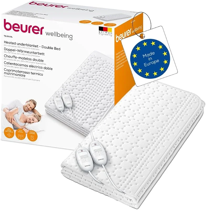 Beurer TS 26 - Coprimaterasso Termico Scaldaletto Matrimoniale, Micropile Traspirante, 2 Interruttori Separati per 2 Zone Individuali in 3 Livelli, Dimensioni 140 x 150 cm — Riscaldamento