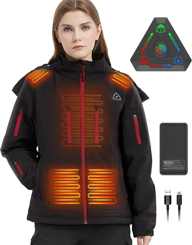 FERNIDA Giacca riscaldata da donna, giacca softshell riscaldata, con batteria da 7, 4 V, 16000 mAh, elettrica, impermeabile, per attività all'aperto, escursionismo, caccia, moto, campeggio, 6 zone — Abbigliamento riscaldato
