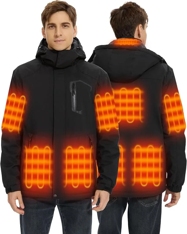 Giacca riscaldabile da uomo con 18400 mAh, 12 V, giacca riscaldata da uomo, con cappuccio rimovibile, antivento, impermeabile, per sci e attività all'aria aperta — Abbigliamento riscaldato