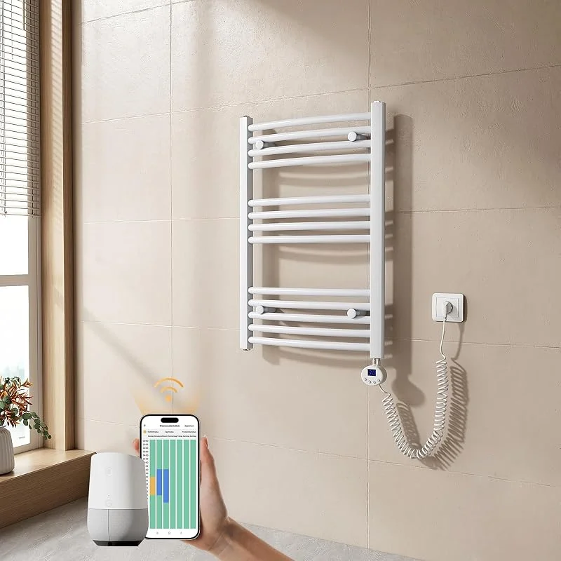 EMKE Scaldasalviette elettrico bagno, Curvo, 75 x 50cm, 300W, Scaldasalviette con WIFI Termostato, Bianco, Radiatore da Bagno, Termoarredo Asciugamani da Bagno — Riscaldamento