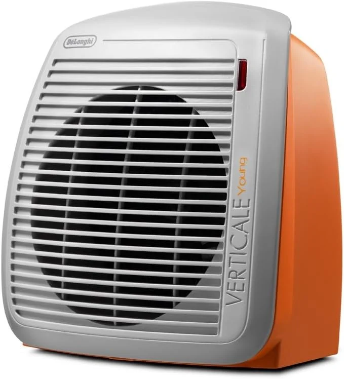 De'Longhi HVY1020 Termoventilatore Verticale Young, Silenzioso e Leggero, Protezione Antigoccia, Maniglia, Dispositivo di Sicurezza, Luce, Protezione Antigelo, Piccole Dimensioni, 2000w, Arancio, Grigio — Riscaldamento