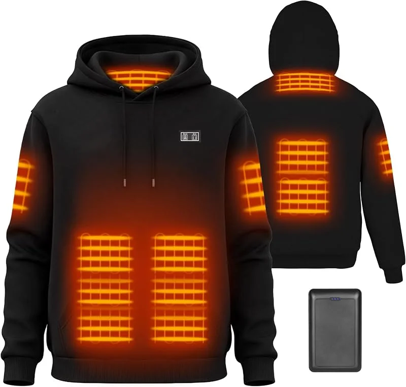 Felpa con Cappuccio Riscaldata per Uomo e Donna con fodera in pile, batteria da 7, 4 V e 16000 mAh, 6 zone di riscaldamento — Abbigliamento riscaldato