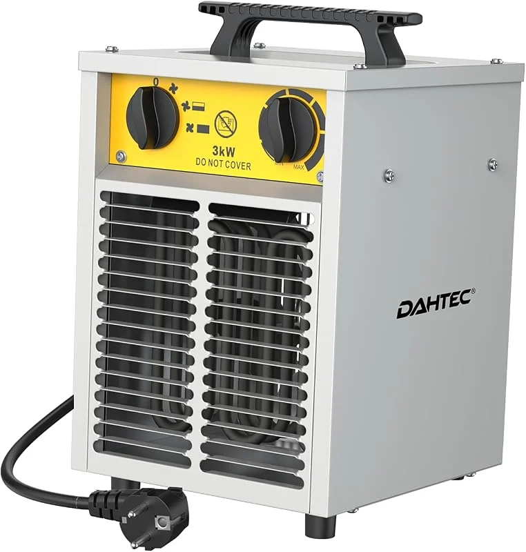 DAHTEC Termoventilatore 3000 W - Radiatore Elettrico Avanzato - Basso Consumo - Inclinazione naturale di 3, 5°, Termostato e Protezione da Surriscaldamento - per Casa, Bagno o Il Cantiere