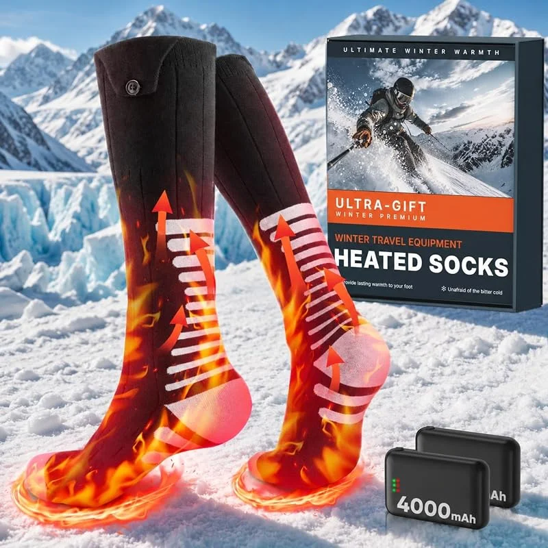 Calze Riscaldate, 2×4000mAh Calze Riscaldanti Ricaricabili per Donne Uomini, Riscaldamento 360° con 3 Temperature, Calze Calde Lavabili come Scaldapiedi per Sci, Caccia, Escursioni — Abbigliamento riscaldato