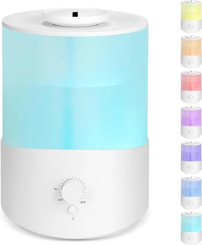 AiQInu Umidificatore Ambiente, 2.5L Diffusore Oli Essenziali con 28 Ore di Autonomia, Umidificatore Ambiente Bambini, 23 dB Silenzioso, Spegnimento Automatico, 7 Colori LED, Bianco