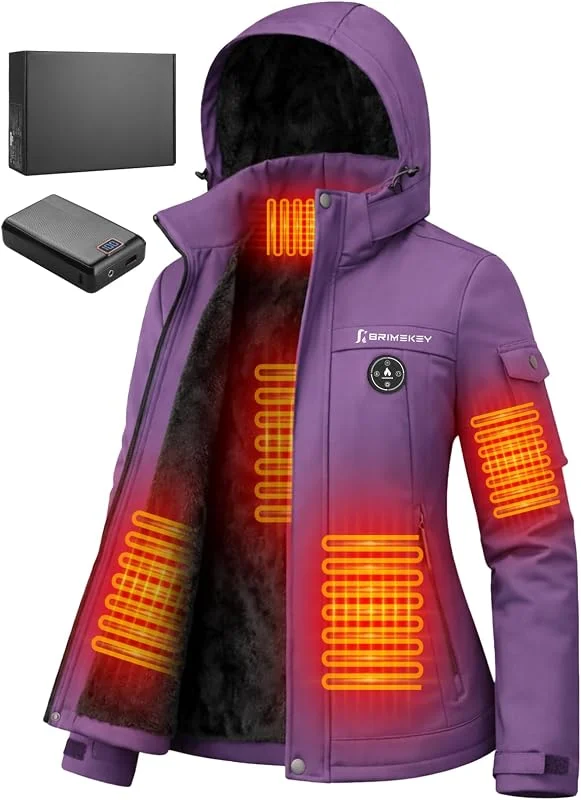 Giubbotto Riscaldato Donna in Fleece con Cappuccio, Impermeabile e Antivento, 6 Zone di Riscaldamento, Batteria 20000mAh, 3 Livelli Temperatura, Giacca Riscaldata per Sci, Snowboard, Campeggio — Abbigliamento riscaldato