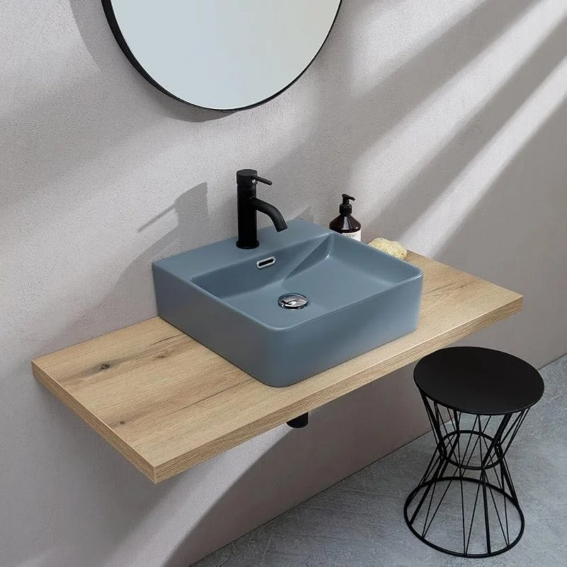 Kiamami Valentina - Lavabo Appoggio Quadrato 42x42 cm Salvaspazio in Ceramica Grigio Bluastro con Foro Rubinetto e Troppopieno, Forma Compatta, Altezza 13 cm, Correnti — Riscaldamento