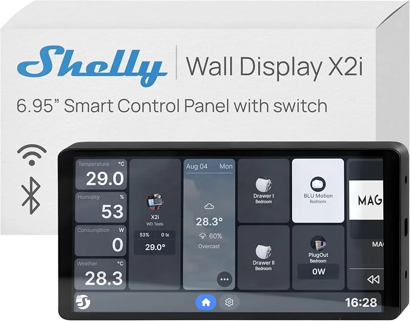 Shelly Wall Display X2i Nero - 6.9" Pannello di Controllo Smart WiFi, Termostato, Relè Integrato 5A, Richiede Neutro, Sensore LUX e Sensore G, Altoparlanti Stereo, Alexa e Google, Home Assistant — Riscaldamento