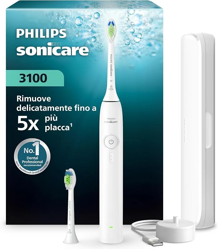Philips Sonicare Serie 3100 - Spazzolino elettrico sonico con sensore di pressione, 3 intensità, EasyStart, SmarTimer, autonomia 14 giorni, custodia, bianco, modello HX4034, 21, [Nuovo] — Igiene orale