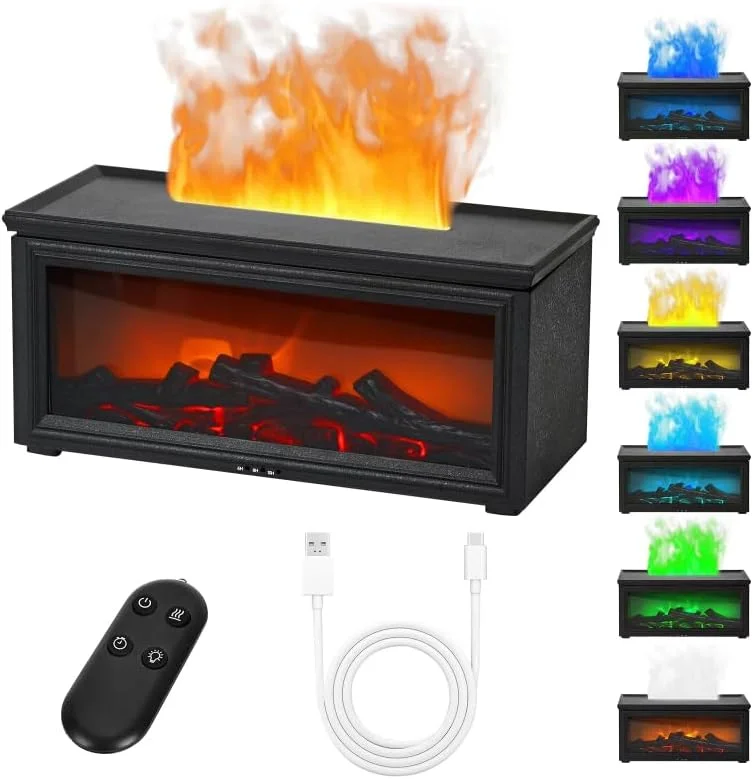 Diffusore di Oli Essenziali, Diffusore oli Essenziali Fiamma, 2 in 1 Diffusore Ambiente, Diffusori Ambiente Elettrico, Vaporizzatore Oli Essenziali, con 7 Colori Fiamma, Telecomando, per Camera Letto, Ufficio — Umidificatore