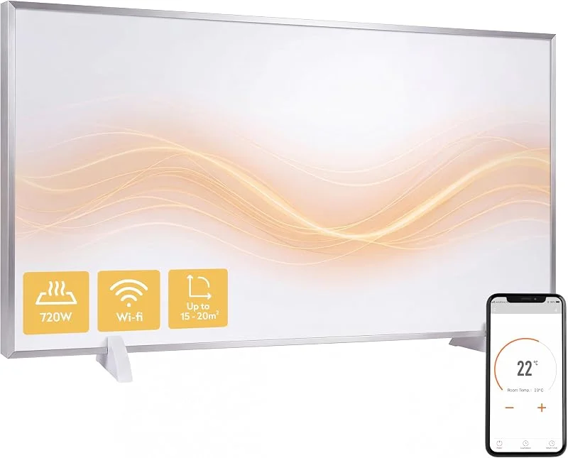Silvergear® Riscaldamento a Infrarossi Premium, Pannello Riscaldante 720W con Controllo WiFi, Protezione da Surriscaldamento, Installazione a Parete o Autonomo, Design Ecologico