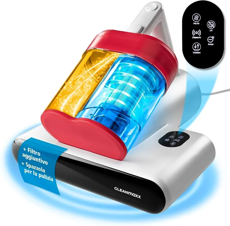 CLEANmaxx Aspirapolvere a rotazione per acari con luce UV-C e filtro HEPA per soggetti allergici, aspirapolvere portatile per materassi, funzione ultrasuoni e calore — Umidificatore